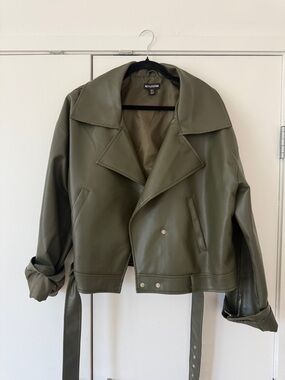 PLT Olive Green Faux Leather Moto Jacket